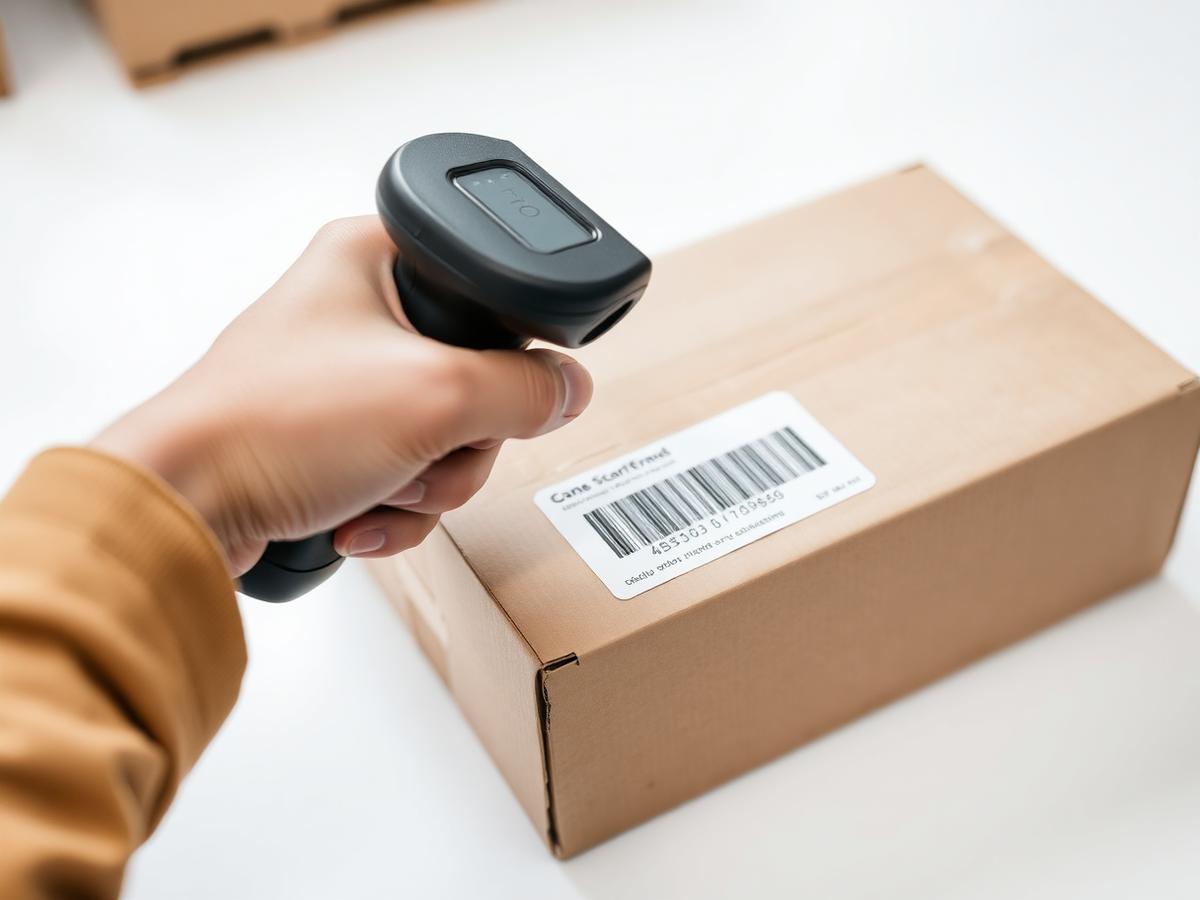 A handheld scanner reading a barcode label on a parcel
