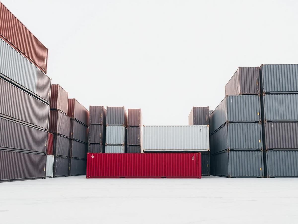 Stacked shipping containers at a port, one painted red
